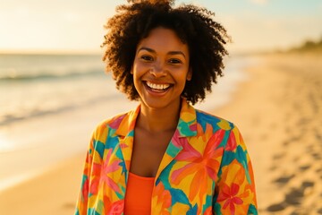 Joyful African American woman in vibrant summer outfit smiling on sunny beach backdrop