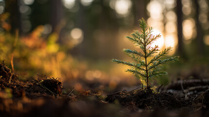 Young pine tree in golden sunset forest light young tree
