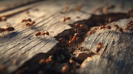 Fototapeta premium a close up view of ants' nest on a wooden surface with numerous ants emerging