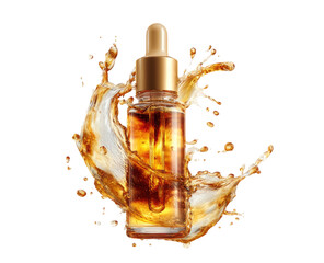 Golden serum bottle amidst a dynamic splash of liquid