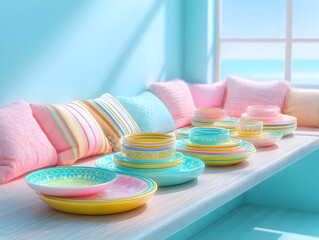 Soft-hued dinnerware and cushions adorning wooden bench, overlooking serene ocean horizon, capturing relaxed coastal lifestyle with pastel palette