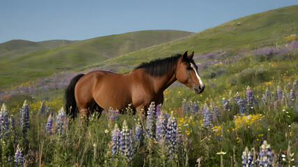 Mustang horse beside wildflowers on hillside