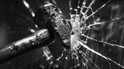 Monochrome Sledgehammer Crashing Computer Monitor Reflecting Angry Businessman in Modern Office