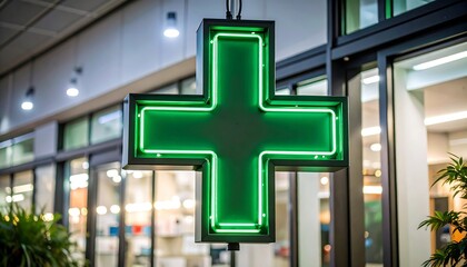 Luminous green pharmacy cross signifies healthcare availability and accessibility in urban locales