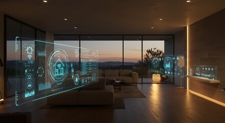 Modern living room with smart home interface overlaying the scene, showing data and controls for the house.