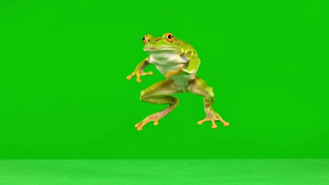 A green tree frog stands upright on a green surface