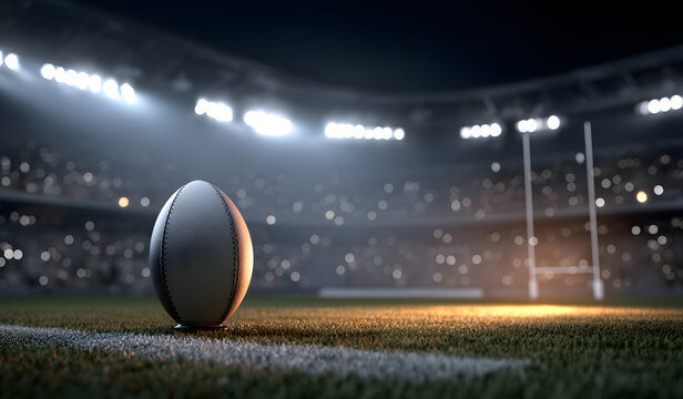 3D render showing rugby ball sitting upright on kicking tee inside stadium with floodlights shining