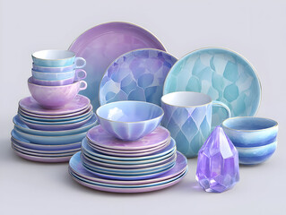 Plates. Bowls. Mugs and teacups composing a modern and elegant tableware set in blue and violet colors with golden rim. Next to a purple crystal decoration. Are waiting to be used for a fancy dinner