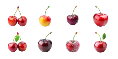 A delightful selection of cherries in various shades of red and purple, some with stems and leaves, including sugardusted varieties, all isolated on a transparent background