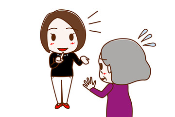 (複数)笑顔で一生懸命説明する女性と焦って断ろうと困惑している高齢の女性