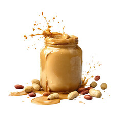 Peanut butter jar with a splash, surrounded by peanuts