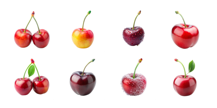 A delightful selection of cherries in various shades of red and purple, some with stems and leaves, including sugardusted varieties, all isolated on a transparent background