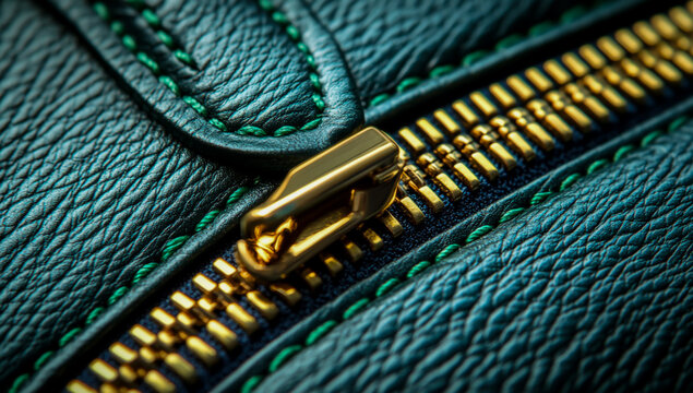 A close-up image of the zipper on a stylish handbag, emphasizing the golden clasps and intricate green stitching, demonstrates luxury and fine craftsmanship.