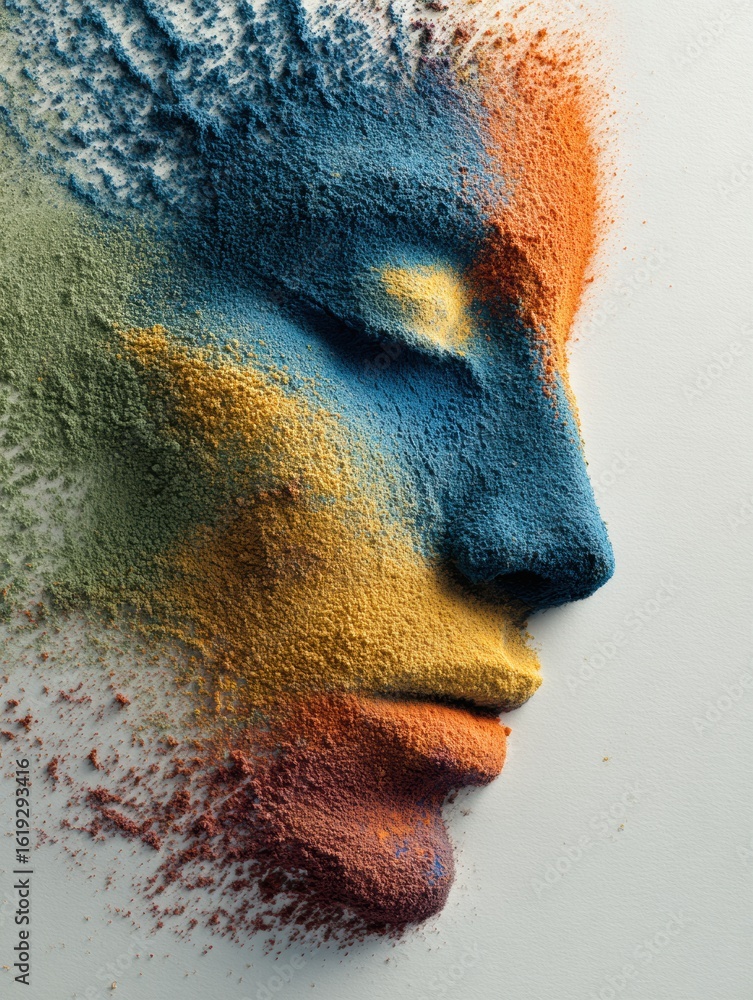 Poster artistic expression through spilled pigments creating a face shape with vibrant colors and textures