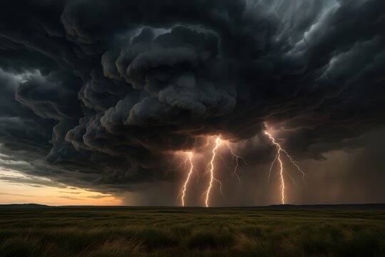 Magnificent storm clouds building over dark landscape with lightning illumination