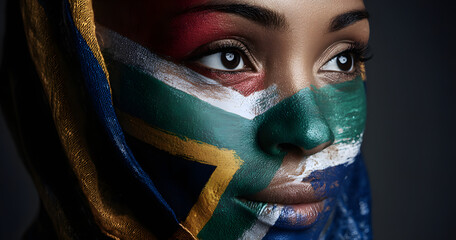 Portrait, woman and South African flag for national pride, heritage and culture with support. Face, person and country banner for loyalty, patriotism and symbol for democracy with confident citizen