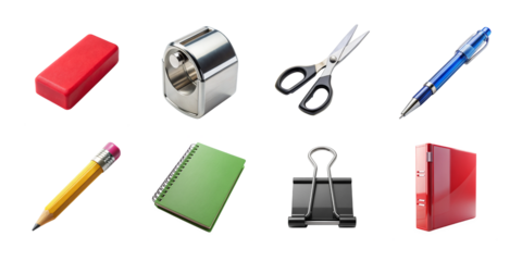 A set of essential stationery items, including a pencil, eraser, sharpener, scissors, pen, notebook, and binder clip, isolated on white isolated on transparent background