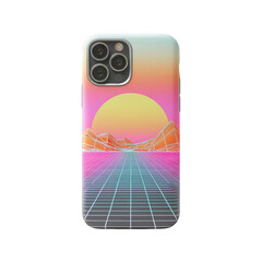 Retro sunset grid phone case isolated on a transparent background mockup eighties
