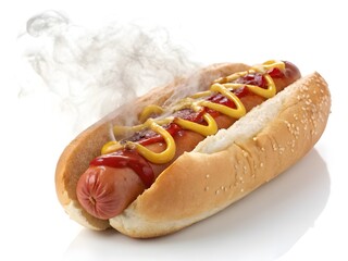 Steaming hot dog with ketchup and mustard in a bun