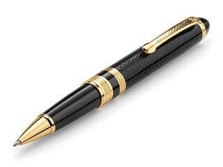 Elegant black and gold rollerball pen on white background