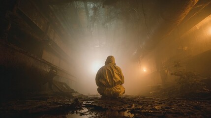 the photo captures an individual sitting in a dimly lit room with a misty atmosphere, possibly an abandoned space given its industrial feel