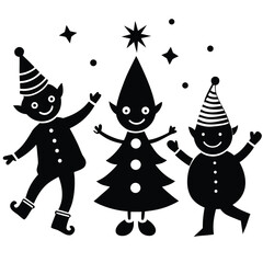 Three black elves and a Christmas tree with stars vector