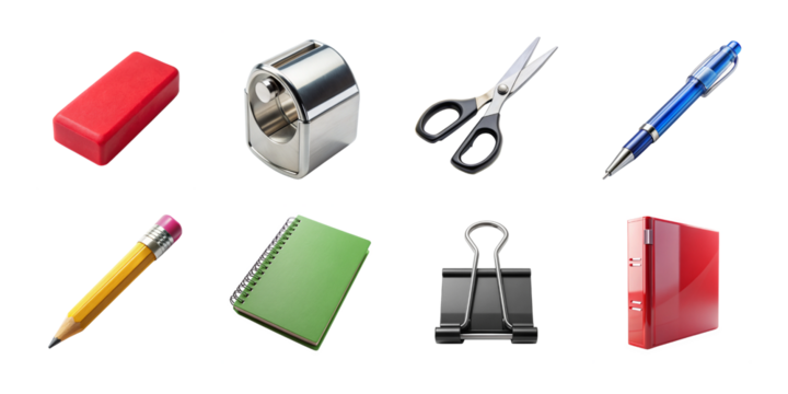A set of essential stationery items, including a pencil, eraser, sharpener, scissors, pen, notebook, and binder clip, isolated on white isolated on transparent background