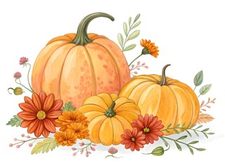 Autumn harvest pumpkins and flowers arrangement watercolor illustration
