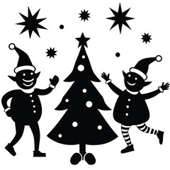Two black elves and a Christmas tree with stars holiday