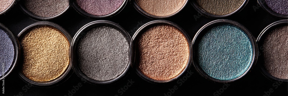 Aufkleber collection of shimmering eyeshadow pans arranged in a beautiful layout with soft diffused light illu