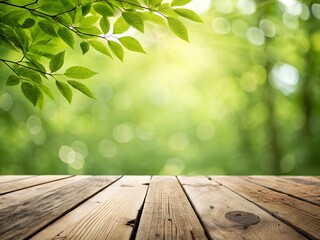 Empty wooden table with green leaves and soft bokeh background