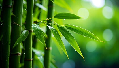 Lush bamboo grove with fresh foliage displaying dewdrops in soft light