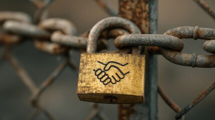 a padlock secured to a rusty metal fence with chain links, indicating a sense of confinement or restriction