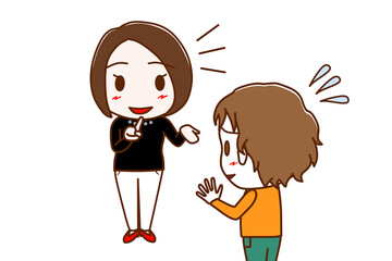 (複数)笑顔で一生懸命説明する女性と焦って断ろうと困惑している白人少年