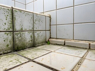 Dirty bathroom corner with mold and mildew on tiles and grout