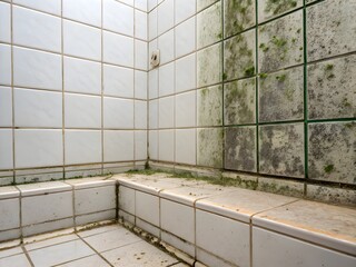 Mold and mildew growing on bathroom tiles and grout in a shower corner