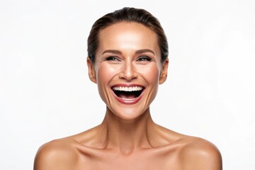 Joyful woman laughing heartily with radiant smile isolated on white background