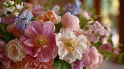 A beautiful bouquet features an array of colorful flowers, including peonies and roses, arranged elegantly in a sunny indoor space, celebrating the essence of spring.