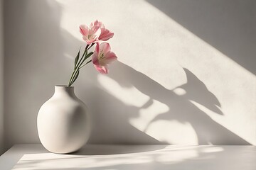Pink Tulips in White Vase with Sunlight Shadow on Wall, Minimalist Interior Decor