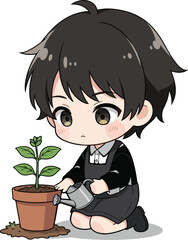 Anime Child Watering Plant - Nurturing Growth