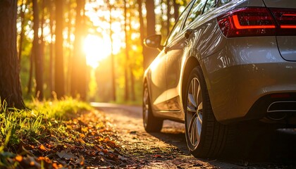 Luxurious car journey through autumn forest road bathed in golden sunlight serenity