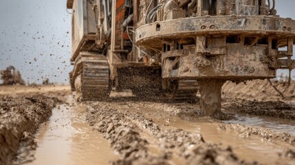 Fototapeta premium a bulldozer is passing through a muddy construction site, with visible tracks left behind in the wet earth