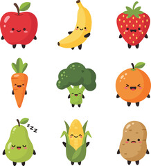 Cute Cartoon Fruits and Vegetables Characters