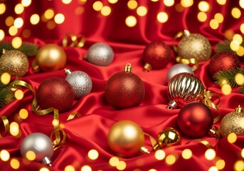 Festive Christmas still life with ornaments and bokeh lights creating a warm atmosphere