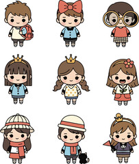 Cute Cartoon Characters: Diverse Kids in Colorful Outfits