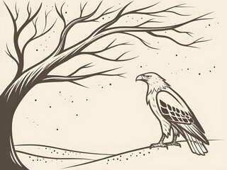 Eagle perched on a branch under a bare tree in a sketch style