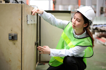 Engineer or worker checking machine control panel in the factory
