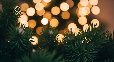 Festive Christmas tree close-up with blurred golden lights for holiday season celebrations