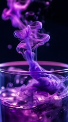 Purple Ink Cloud Dissolving into Glass of Water Creates Abstract Swirls and Patterns