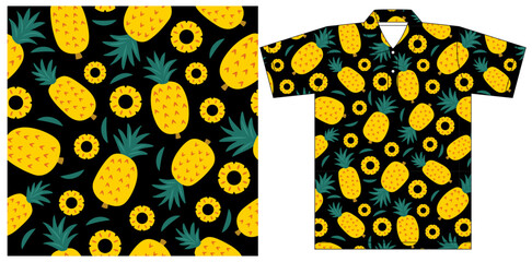 Fresh Yellow Pineapple and Slices pattern seamless on a Black background